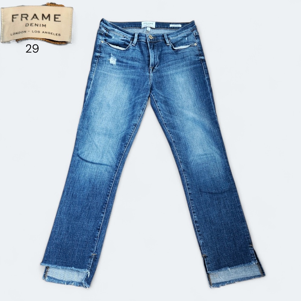 FRAME Le High Straight Jeans Women's 29 Blue Distressed Raw Hem Ankle Denim
